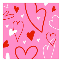 Hand Drawn Hearts Seamless Pattern with Red and White Outlines in Minimalist Doodle Style on Pink Romantic Background.