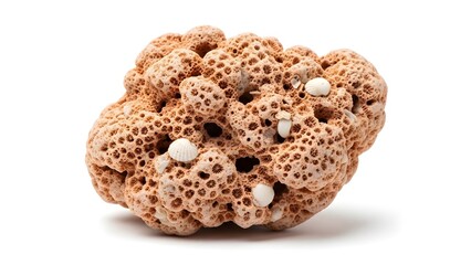 Porous coral reef fragment with small seashells on white background