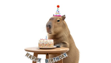 Capybara celebrates birthday with colorful cake and party hat