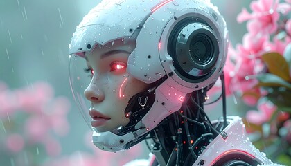 A futuristic cyborg, bathed in gentle rainfall, gazes pensively. Neon accents illuminate its face and suit against a backdrop of pink flowers