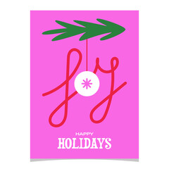 Minimalist Christmas Greeting Card with "Joy" and "Happy Holidays" Typography Featuring a Green Branch and White Ornament on a Pink Background.