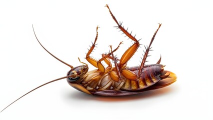 Cockroach on its back with legs up on white background