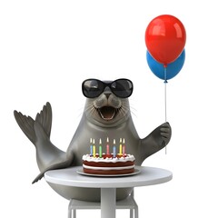 Playful seal wearing sunglasses celebrating birthday with cake