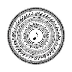 Circular Music Notes Mandala Design with Treble Clef and Musical Symbols.