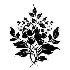 Elegant Black and White Botanical Illustration with Berries and Leaves.
