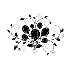 Elegant black floral bouquet with swirling leaves and delicate buds.