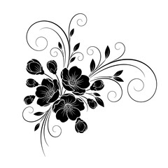 Elegant black floral design with intricate swirls and blooming flowers.