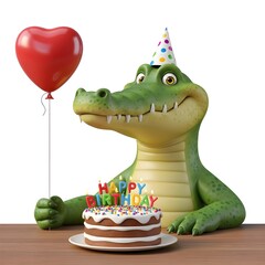 Smiling cartoon alligator celebrates birthday with cake and heart balloon