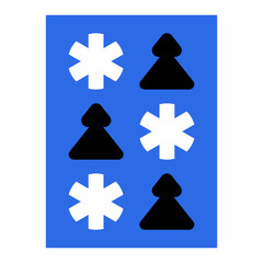 Abstract Minimalist Christmas Pattern with Symmetrical White Snowflakes and Black Pine Tree Silhouettes on a Bright Blue Background.