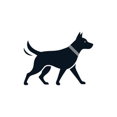 Elegant black dog silhouette walking with a collar, side view, isolated.