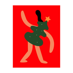 Abstract Minimalist Illustration of a Dancing Human Figure Wearing a Christmas Tree Costume with a Golden Star on a Bright Red Background.