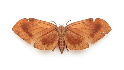 Close-up of a brown moth with damaged wings on white background