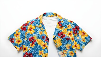 Vibrant tropical shirt with colorful floral print on white background