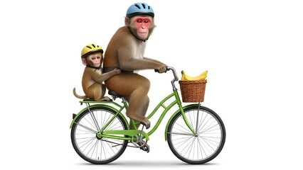 Monkeys ride bicycle with bananas in basket on fun outdoor adventure