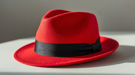 A vibrant red fedora hat adorned with a black ribbon.