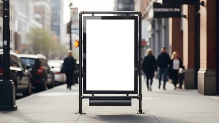 Blank billboard on city sidewalk with people walking by