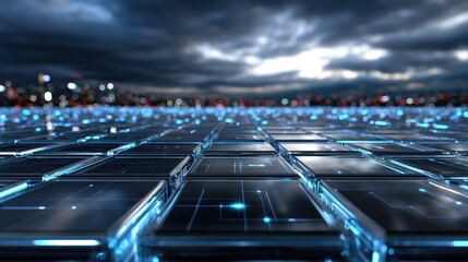 Abstract digital grid with glowing lines and cityscape background