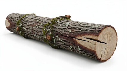 Mossy tree log with cracked end on white background