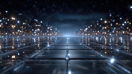 Abstract digital pathway with glowing lights and metallic surface