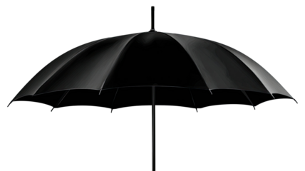 Open black umbrella with smooth curved canopy minimal rain protection object studio lighting isolated on white background