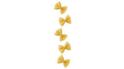 A vertical sequence of five classic uncooked yellow farfalle bowtie pasta shapes on transparent background