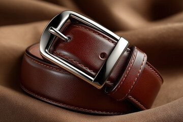 Elegant brown leather belt with shiny metal buckle on soft fabric background
