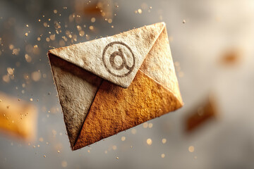 Floating rustic email envelope with at symbol on textured background