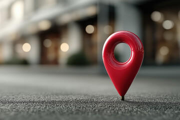 Red location pin on urban street with blurred background bokeh