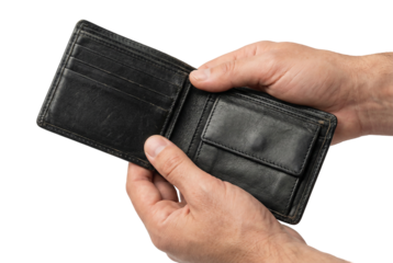 Hands Holding Open Empty Black Leather Wallet Isolated on Transparent Background