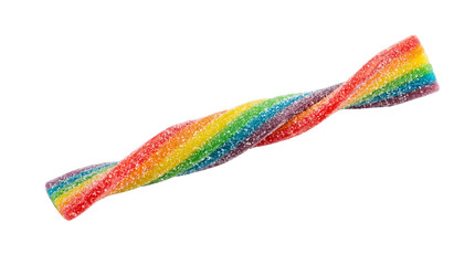 Brightly colored sugar-dusted rainbow sour belt candy twist isolated on transparent background