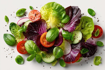 Fresh mixed green salad with tomatoes, cucumbers, and basil leaves on white background