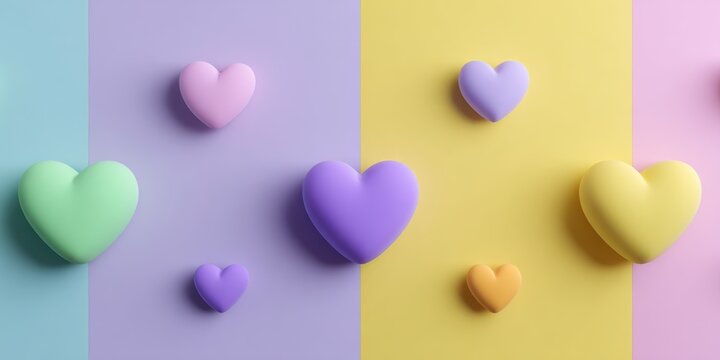 Multiple pastel 3D hearts in various sizes scattered across a divided colorful purple and yellow background surface