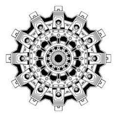 Intricate mechanical mandala design with gears and pistons.