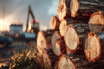 Close-up of stacked logs with blurry excavator at sunset in rural landscape