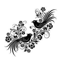 Two elegant black birds with ornate floral patterns.