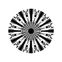 Abstract black and white circular pattern with radiating lines and geometric shapes.