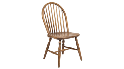 Classic wooden windsor dining chair with spindle back detail on transparent background