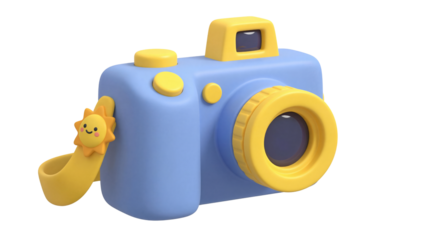 Cute 3d rendered cartoon camera toy in blue and yellow with sun charm on transparent background