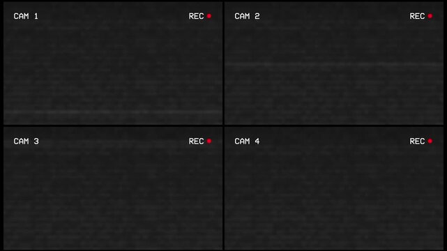 CTV Security Camera Split Screen Monitor Overlay With Timecode and Record Light Black Background. 4K