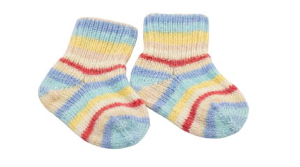 Adorable pair of hand-knitted multicolored striped baby socks on transparent background