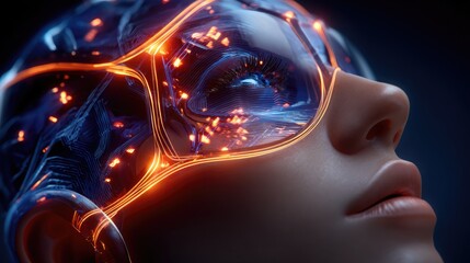 Conceptual digital artwork illustrating human brain and neural network activity