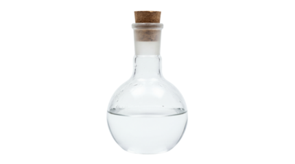 Clear round bottom laboratory flask containing colorless liquid and sealed with a cork on transparent background