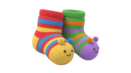 Adorable fuzzy striped children's socks featuring cute caterpillar faces on transparent background
