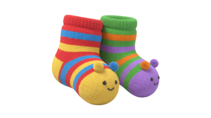 Adorable fuzzy striped children's socks featuring cute caterpillar faces on transparent background