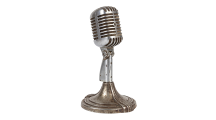 Vintage silver chrome studio broadcasting microphone with classic rounded grille design on transparent background