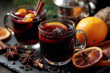 Enjoying warm Christmas mulled red wine with spices and oranges in a cozy winter setting