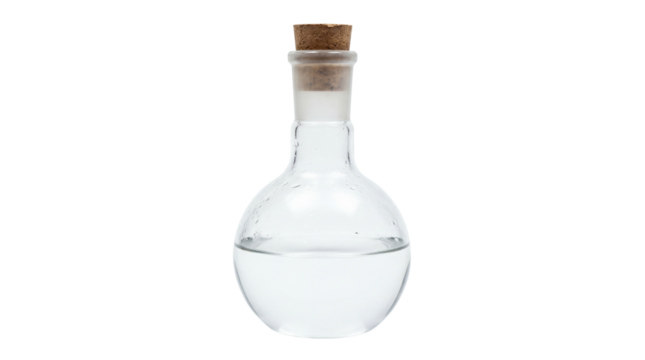Clear round bottom laboratory flask containing colorless liquid and sealed with a cork on transparent background - Powered by Adobe
