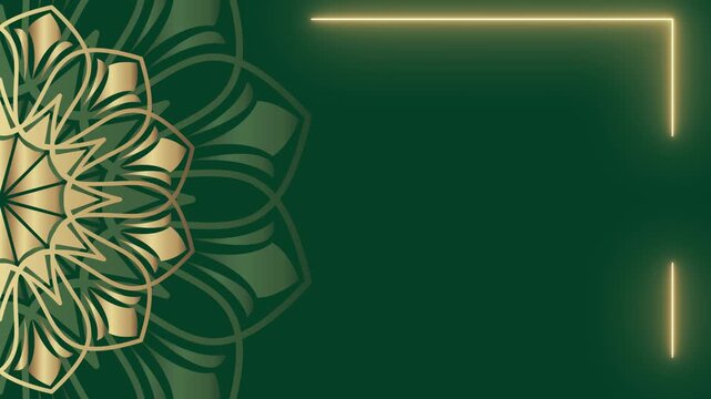 Elegant Green Mandala Background with Golden Geometric Neon Frame.