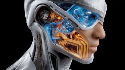 Futuristic cyborg head profile with technology and digital enhancements