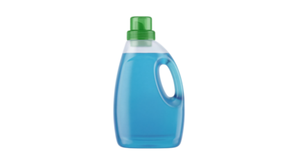Household liquid laundry detergent soap bottle with blue contents and green cap on transparent background